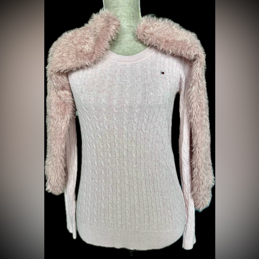 PINK BUNDLE: Tommy Hilfiger Cable Knit S/P+LUSH Reversible Fuzzy Twist Sweater M